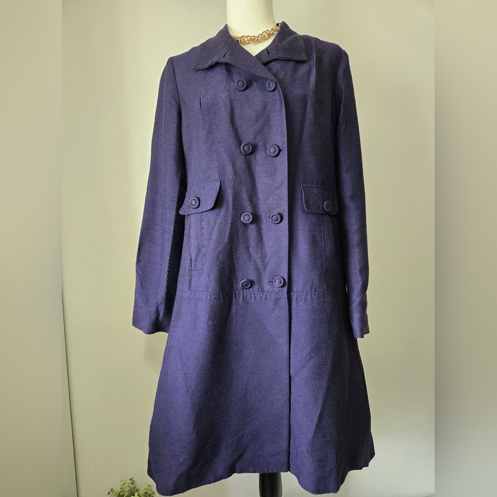 REISS Navy Double-Breasted Knee Length Beltless Trench Coat. Size Large